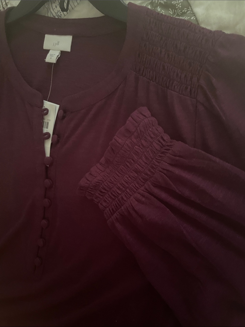 J. Jill Beautiful Deep Plum Henley Style Button-Front Shirred Yoke Cuff Top - Picture 5 of 6